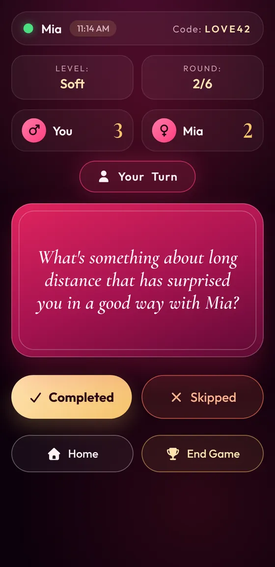 Long Distance game showing a question and the Completed and Skipped buttons