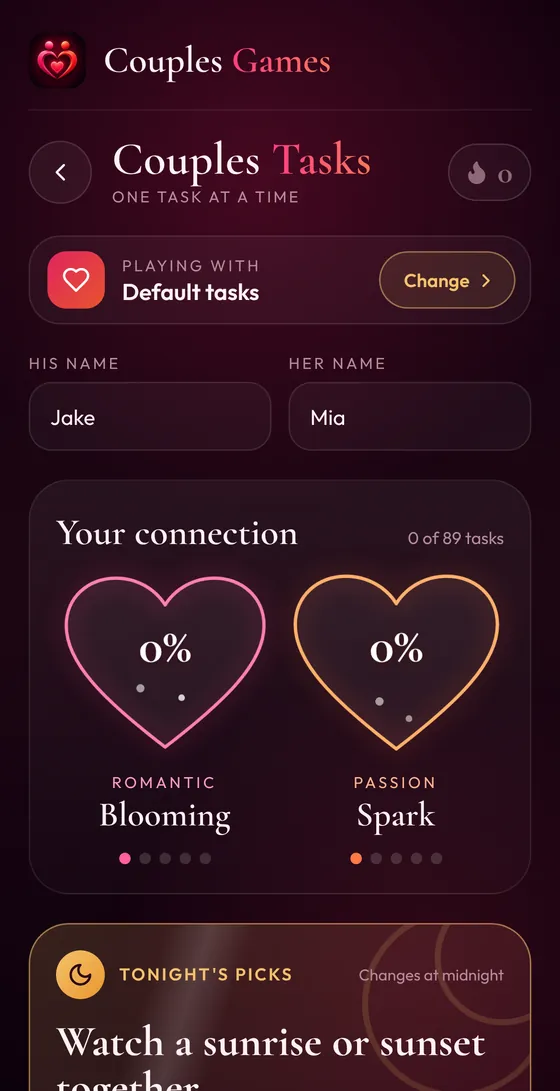 Couples Tasks screen with Romantic and Passion meters