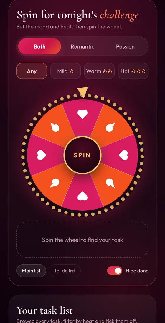 Couples Tasks spin the wheel screen