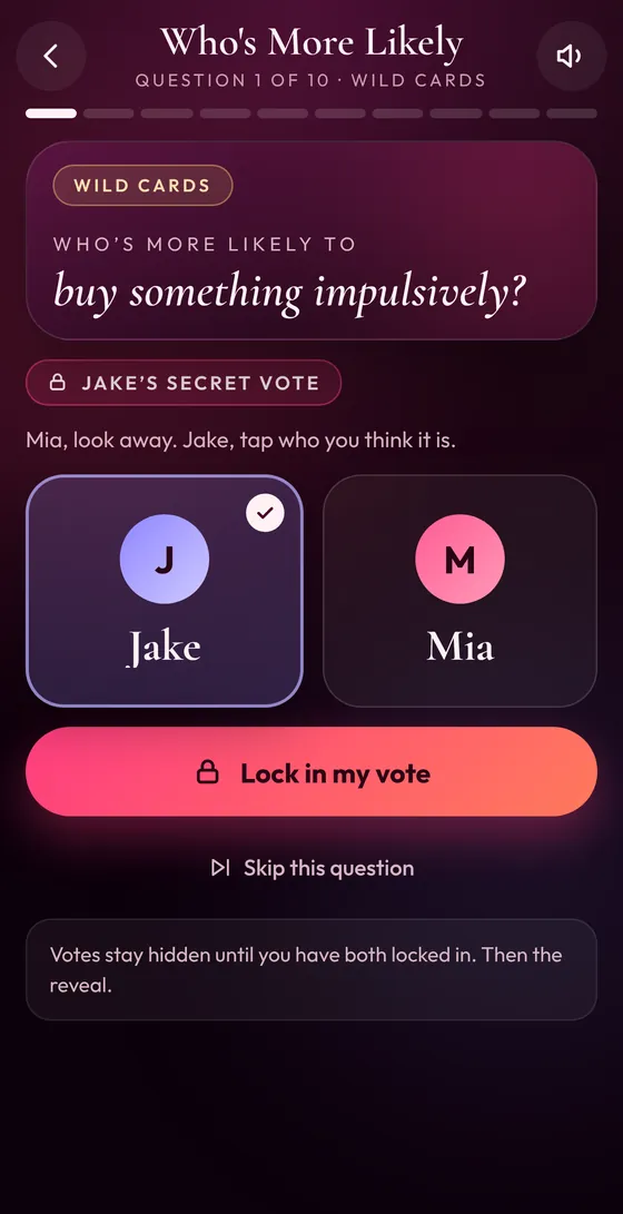 Who's More Likely question where each partner secretly votes