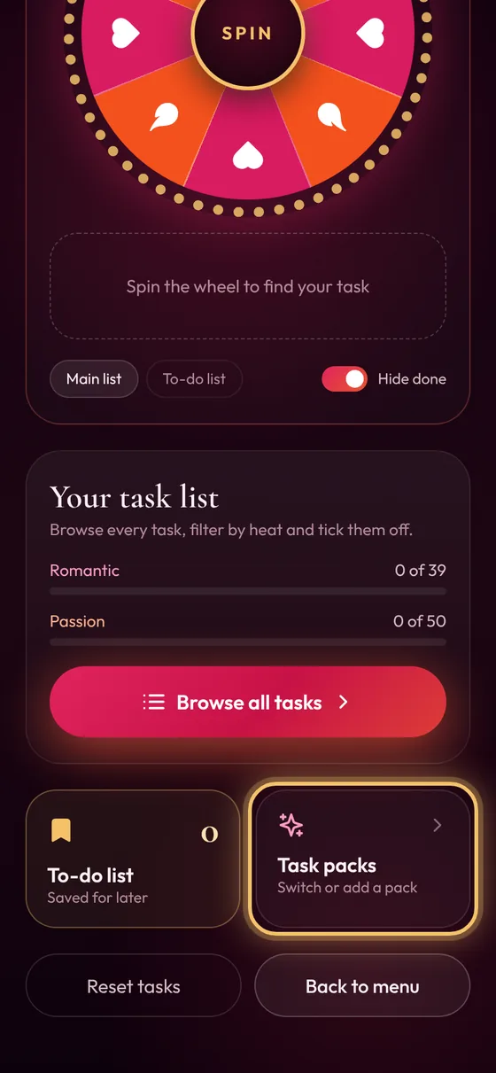 Couples Tasks screen with the Task packs tile highlighted