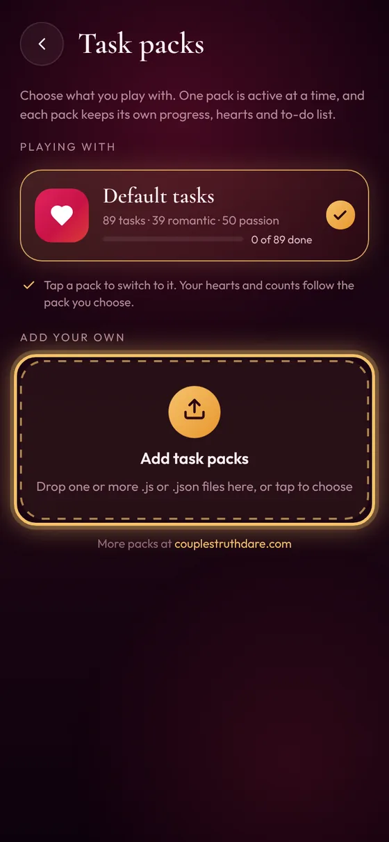 Task packs screen with the Add task packs box highlighted