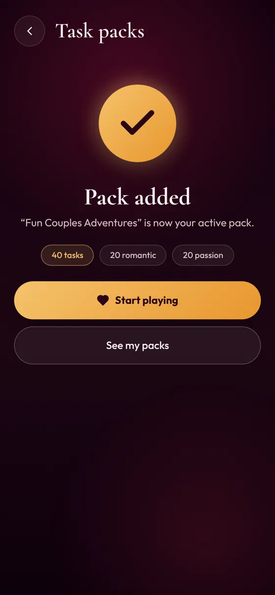Pack added confirmation with the Start playing button