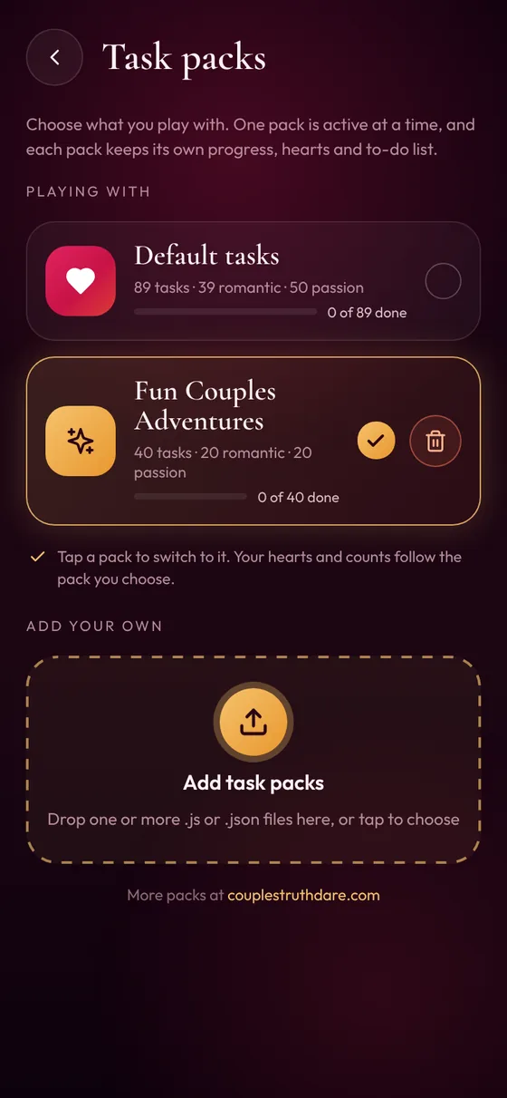 Task packs screen listing Default tasks and an imported pack