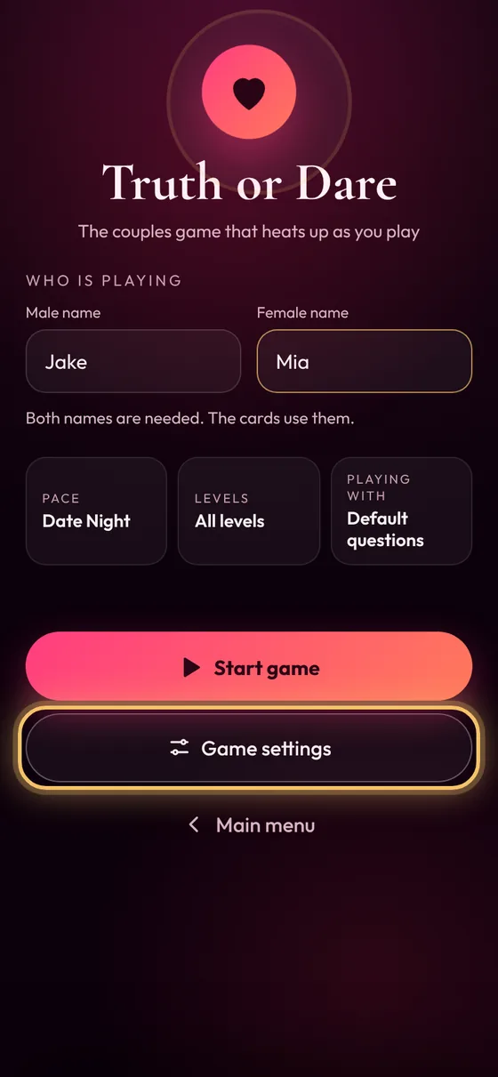 Truth or Dare start screen with the Game settings button highlighted