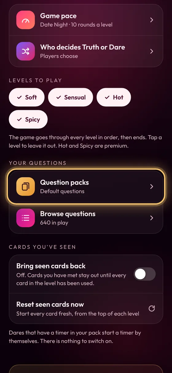 Game settings screen with the Question packs row highlighted