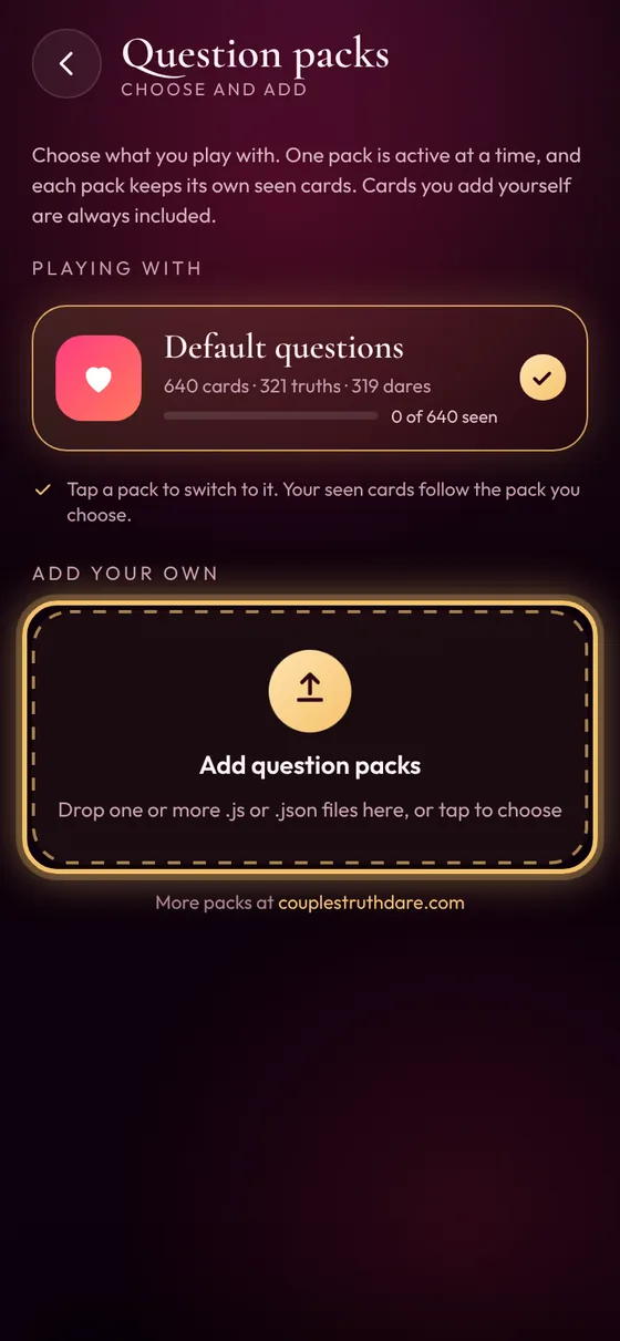 Question packs screen with the Add question packs box highlighted
