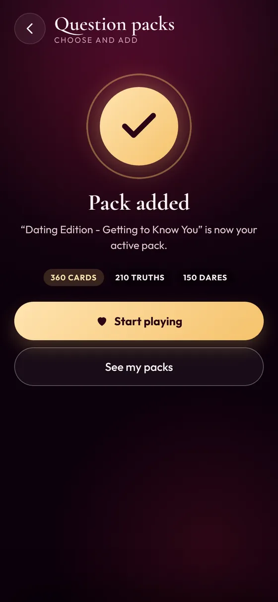 Pack added confirmation with the Start playing button