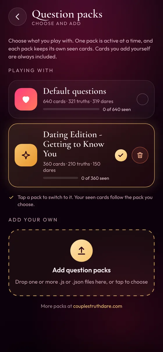 Question packs screen listing Default questions and an imported pack